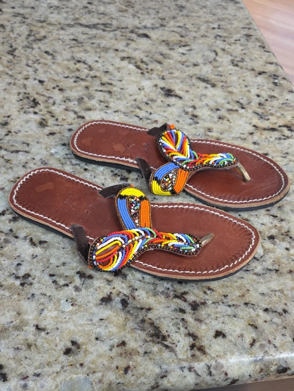 Tropical Multicolor Beaded Leather Flip-Flop Sandals